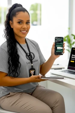 Colaboradora de atendimento da Conservadora Legionários disponível com notebook e celular para facilitar o contato e suporte imediato de clientes em Belo Horizonte (BH).